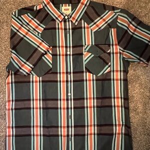 Levi's Men's Teal and Orange Plaid Shirt